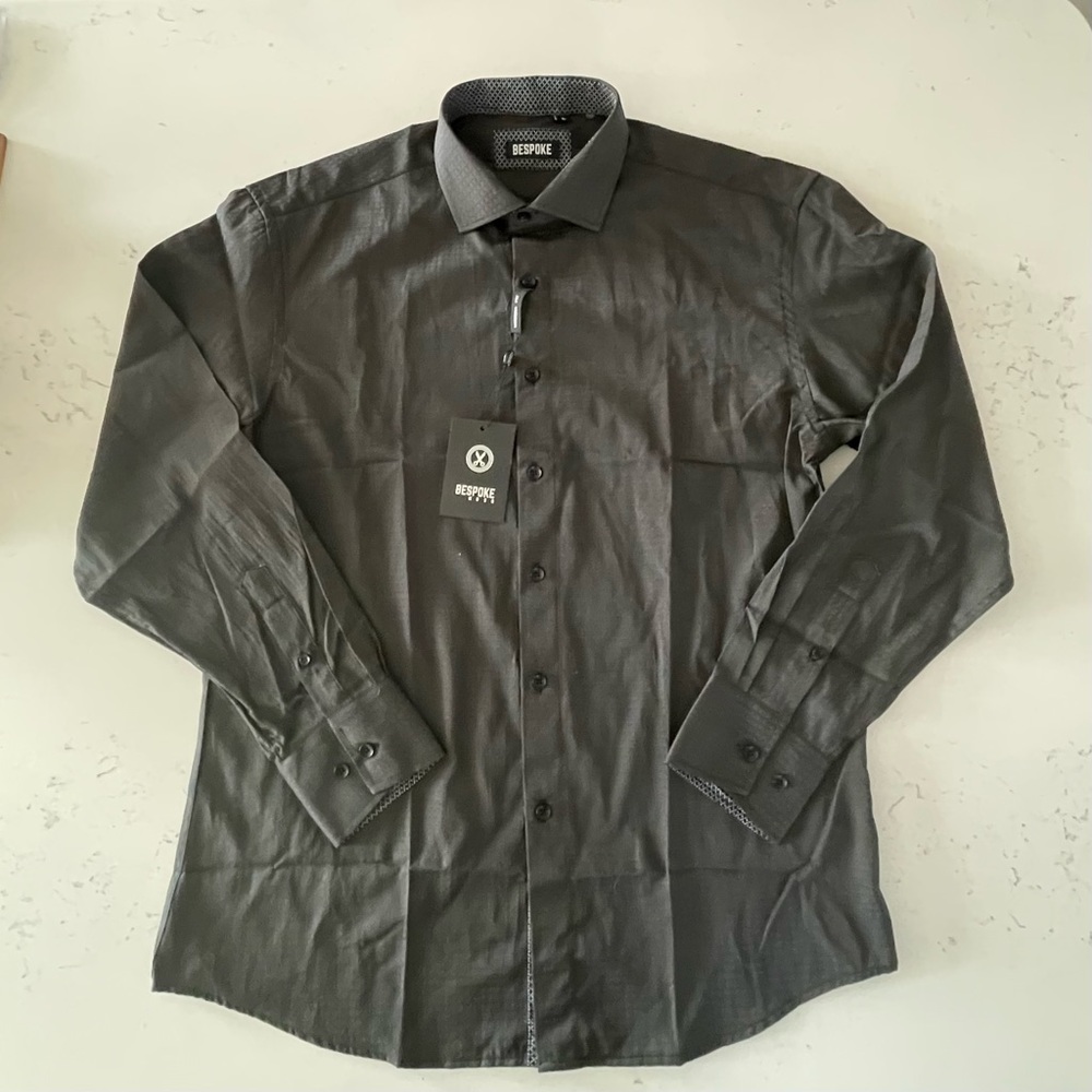 Bespoke Moda Modern Fit Slate Black Men’s Button Up Collared Shirt Size L NWT
